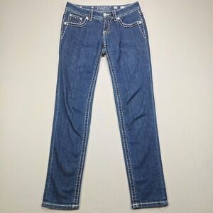 Miss Me Jeans Mid Rise Skinny Blue Denim Embellished Stitching Women Size 28